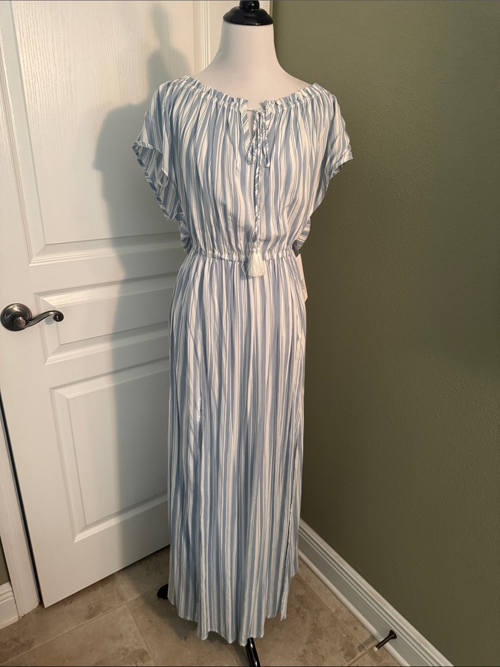 Light Blue and White Striped Maxi Dress with Tassel Tie